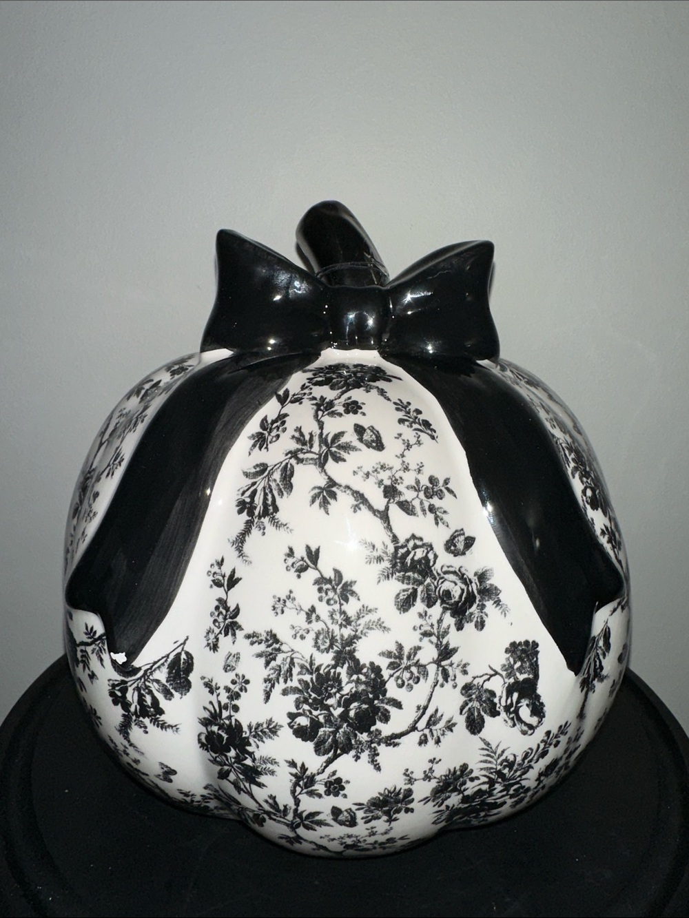 Black and White Floral Toile Ceramic Pumpkin Décor with Bow